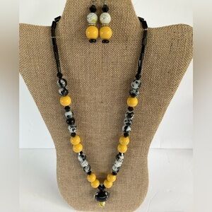 Hand Crafted Pendant Necklace Earrings Black Yellow White Glass Acrylic Beads